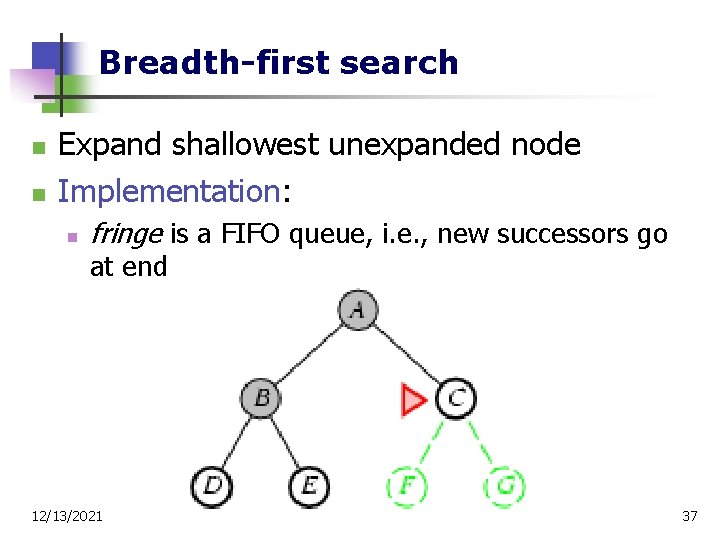 Breadth-first search n n Expand shallowest unexpanded node Implementation: n fringe is a FIFO