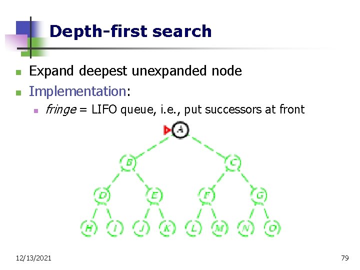 Depth-first search n n Expand deepest unexpanded node Implementation: n fringe = LIFO queue,