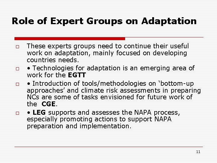 Role of Expert Groups on Adaptation o o These experts groups need to continue