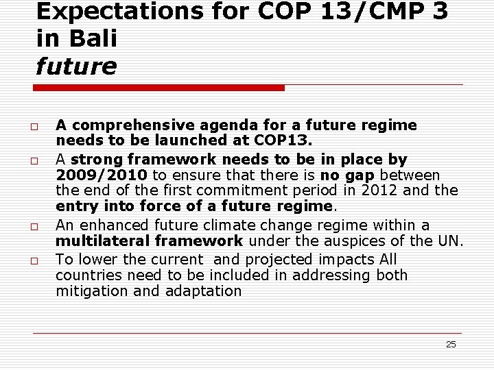 Expectations for COP 13/CMP 3 in Bali future o o A comprehensive agenda for