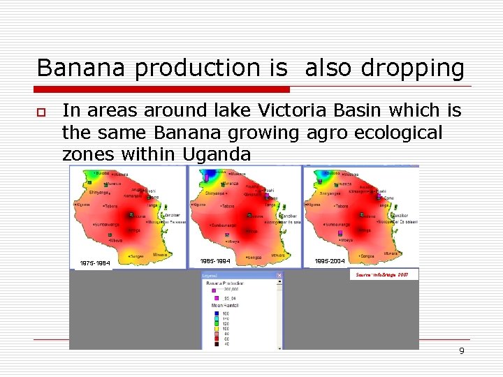 Banana production is also dropping o In areas around lake Victoria Basin which is
