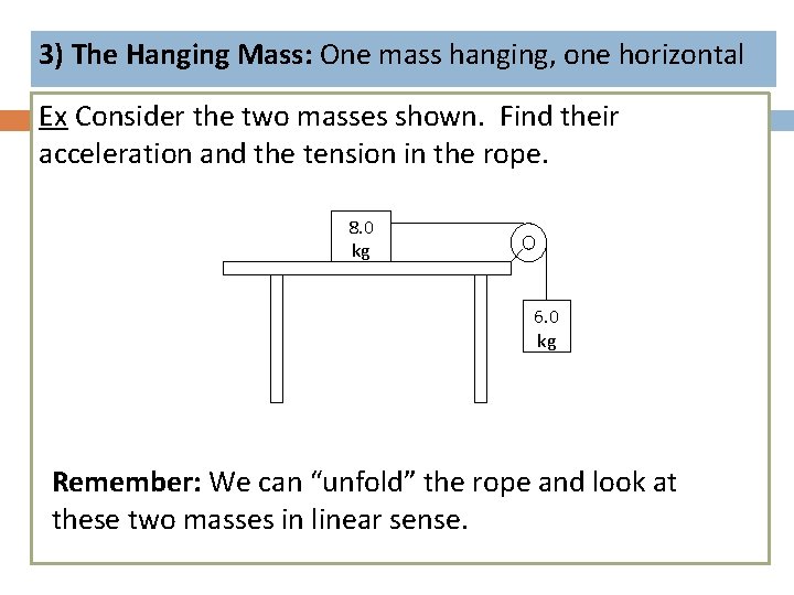 3) The Hanging Mass: One mass hanging, one horizontal Ex Consider the two masses