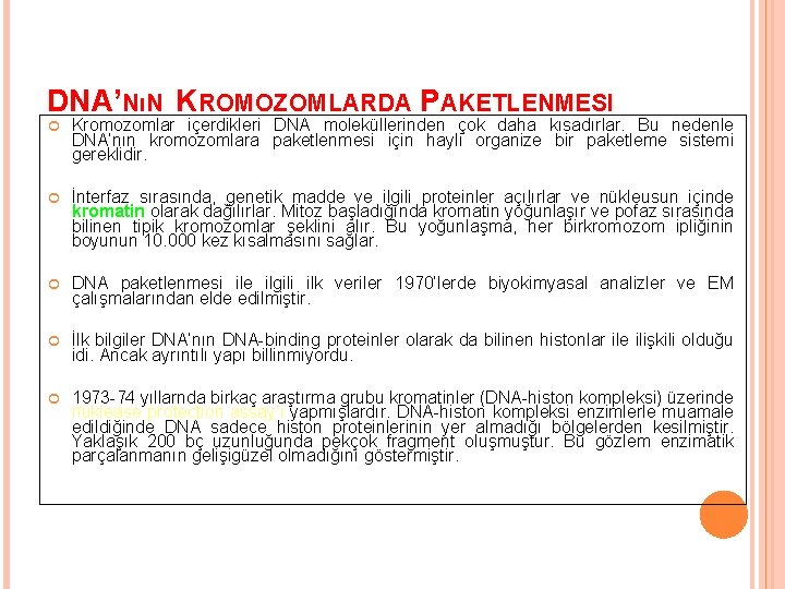 DNA’NıN KROMOZOMLARDA PAKETLENMESI Kromozomlar içerdikleri DNA moleküllerinden çok daha kısadırlar. Bu nedenle DNA’nın kromozomlara