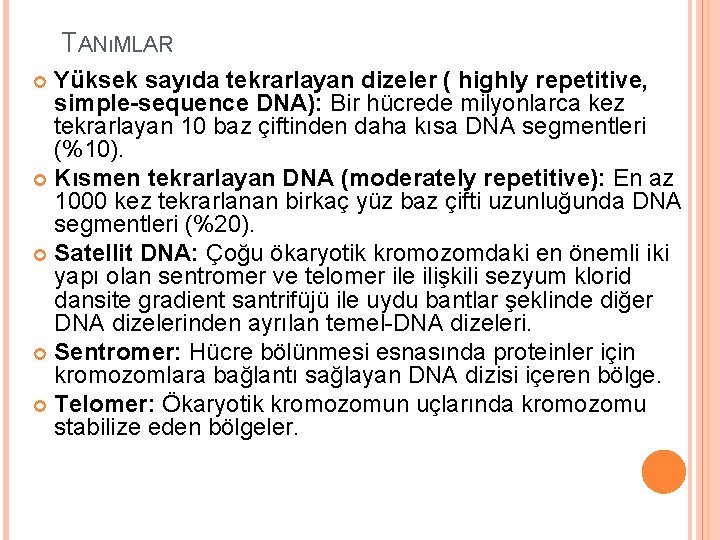 TANıMLAR Yüksek sayıda tekrarlayan dizeler ( highly repetitive, simple-sequence DNA): Bir hücrede milyonlarca kez