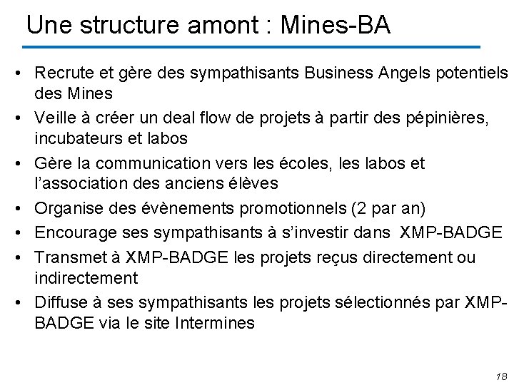 Une structure amont : Mines-BA • Recrute et gère des sympathisants Business Angels potentiels