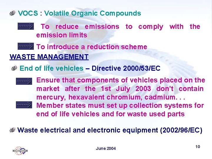 VOCS : Volatile Organic Compounds To reduce emissions to comply with the emission limits