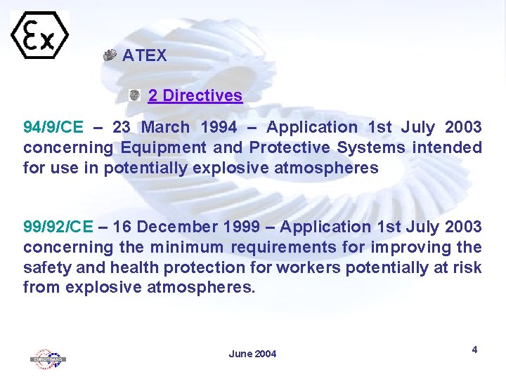 ATEX 2 Directives 94/9/CE – 23 March 1994 – Application 1 st July 2003