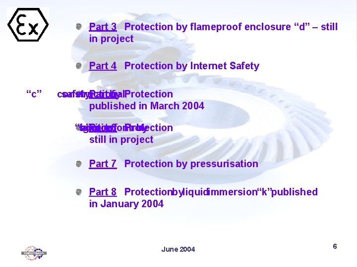 Part 3 Protection by flameproof enclosure “d” – still in project Part 4 Protection