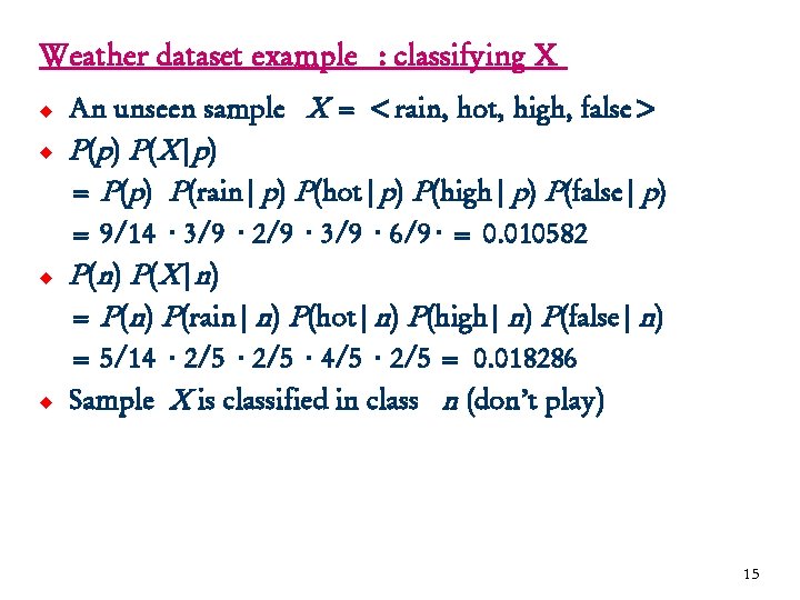 Weather dataset example : classifying X u u An unseen sample X = <rain,
