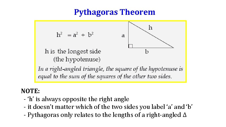 Pythagoras Theorem NOTE: - ‘h’ is always opposite the right angle - it doesn’t