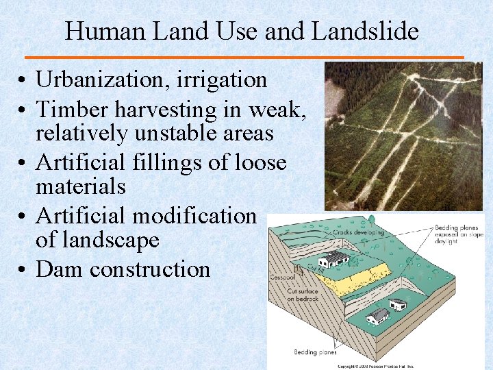 Human Land Use and Landslide • Urbanization, irrigation • Timber harvesting in weak, relatively