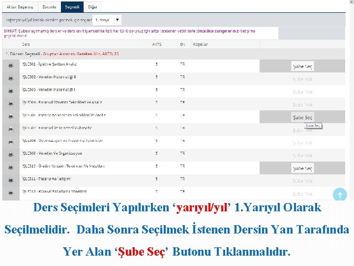 Ders Seçimleri Yapılırken ‘yarıyıl/yıl’ 1. Yarıyıl Olarak Seçilmelidir. Daha Sonra Seçilmek İstenen Dersin Yan