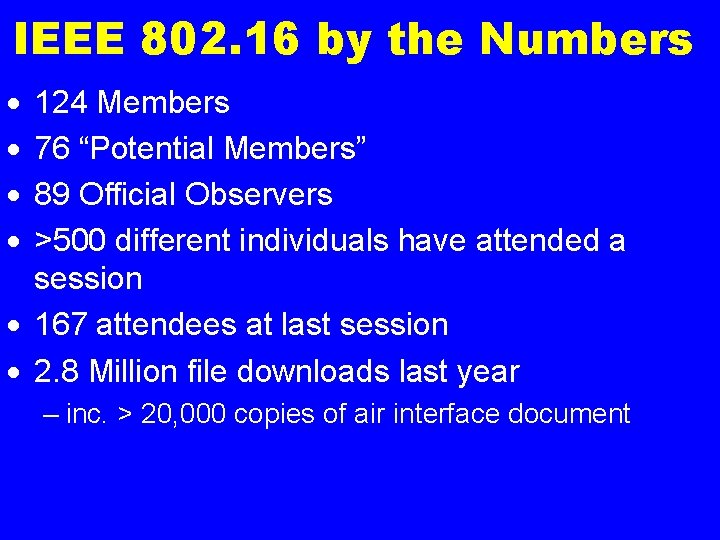 IEEE 802. 16 by the Numbers · · 124 Members 76 “Potential Members” 89