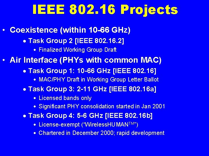 IEEE 802. 16 Projects • Coexistence (within 10 -66 GHz) · Task Group 2