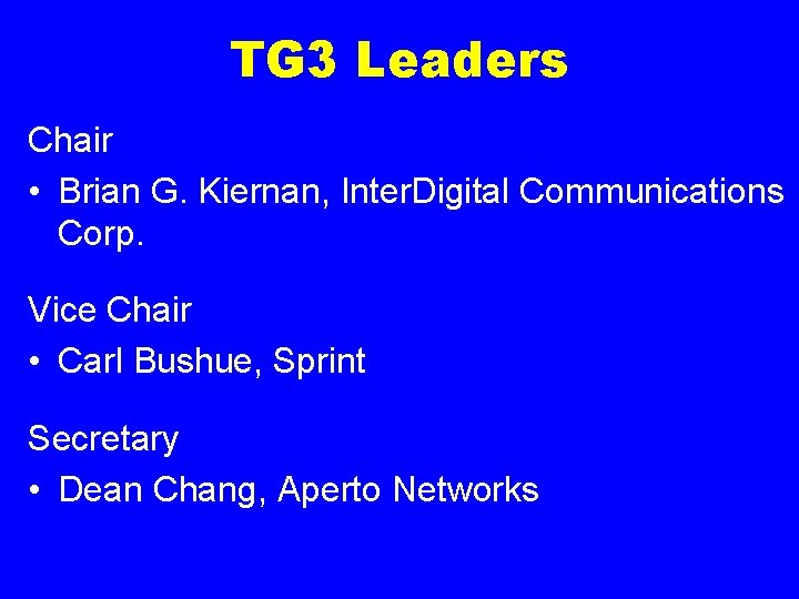 TG 3 Leaders Chair • Brian G. Kiernan, Inter. Digital Communications Corp. Vice Chair