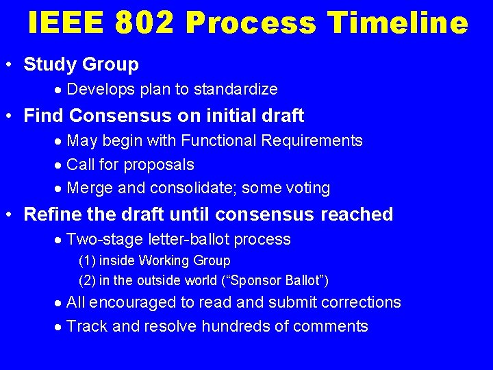 IEEE 802 Process Timeline • Study Group · Develops plan to standardize • Find