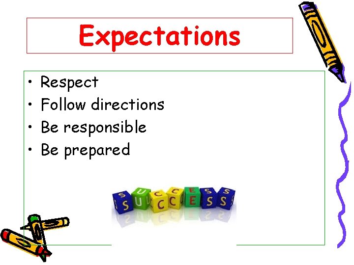 Expectations • • Respect Follow directions Be responsible Be prepared 