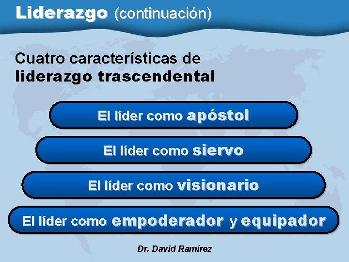 Liderazgo (continuación) Cuatro características de liderazgo trascendental El líder como apóstol El líder como