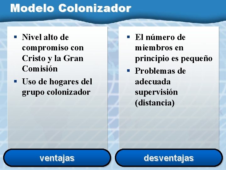 Modelo Colonizador § Nivel alto de compromiso con Cristo y la Gran Comisión §