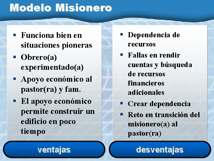 Modelo Misionero § Funciona bien en situaciones pioneras § Obrero(a) experimentado(a) § Apoyo económico