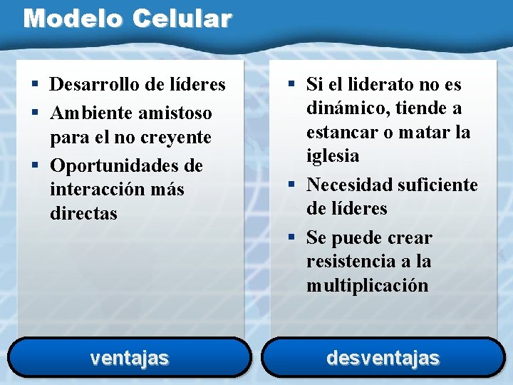 Modelo Celular § Desarrollo de líderes § Ambiente amistoso para el no creyente §