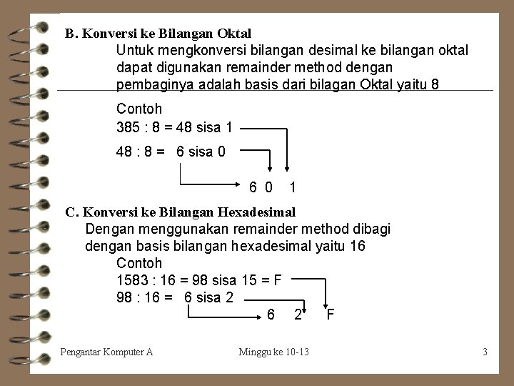 B. Konversi ke Bilangan Oktal Untuk mengkonversi bilangan desimal ke bilangan oktal dapat digunakan