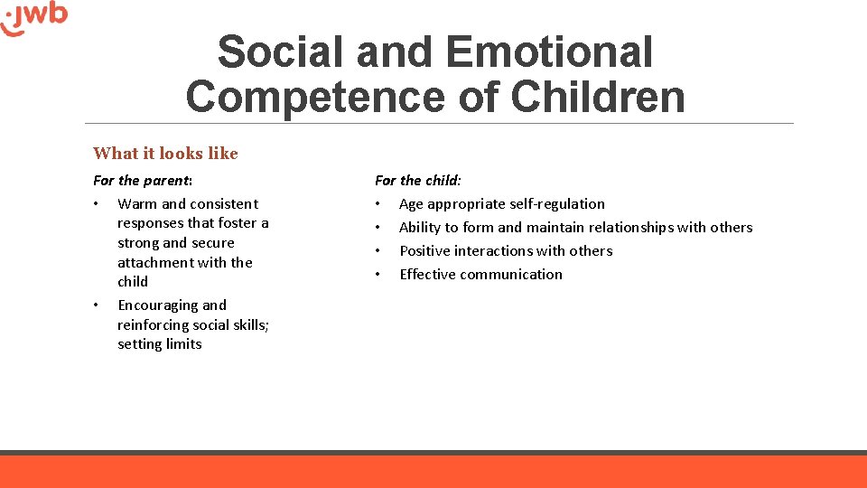 Social and Emotional Competence of Children What it looks like For the parent: •