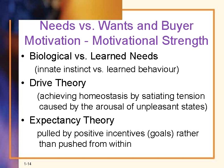 Needs vs. Wants and Buyer Motivation - Motivational Strength • Biological vs. Learned Needs