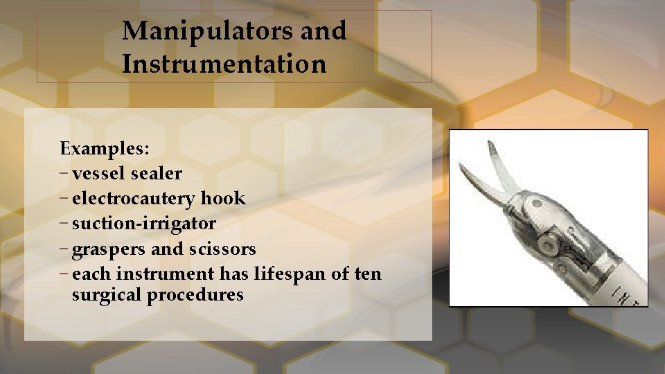 Manipulators and Instrumentation Examples: – vessel sealer – electrocautery hook – suction‐irrigator – graspers