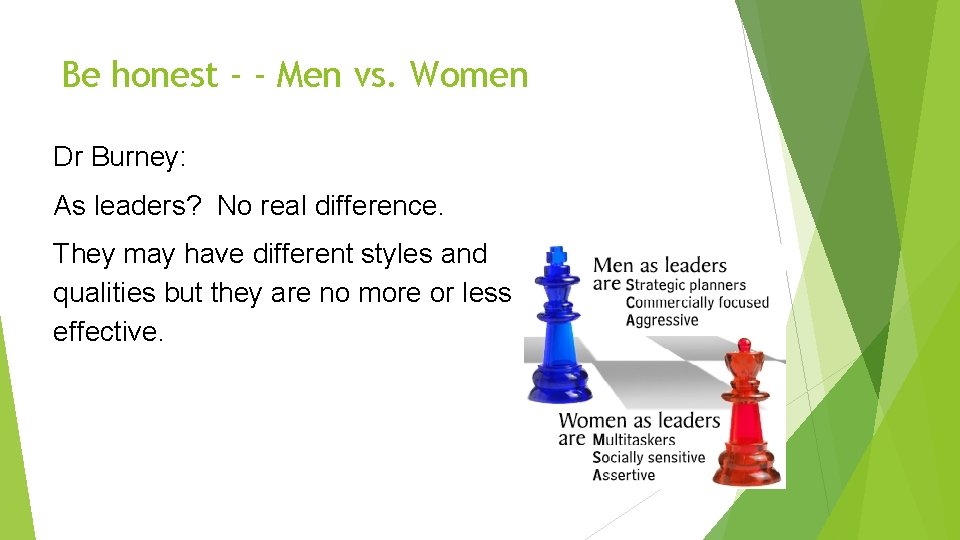 Be honest - - Men vs. Women Dr Burney: As leaders? No real difference.