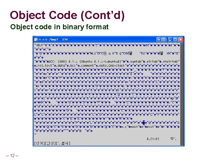 Object Code (Cont’d) Object code in binary format – 12 – 