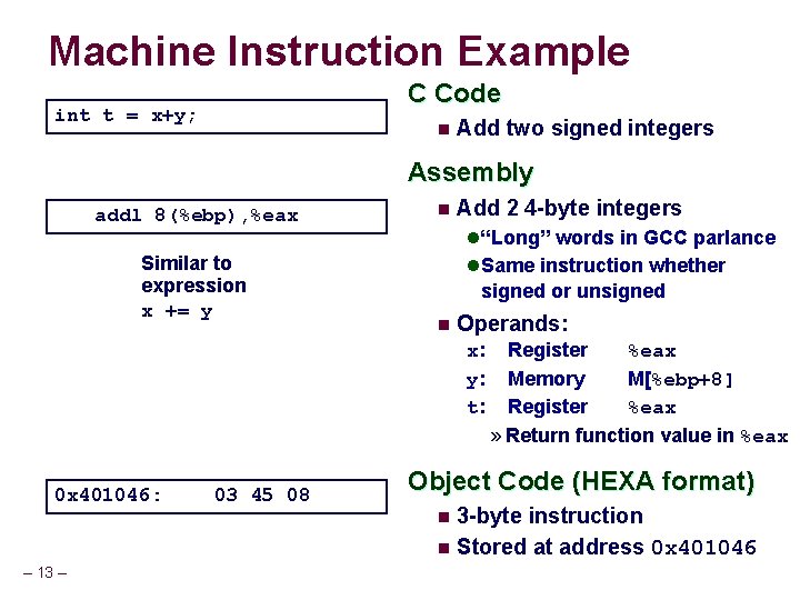 Machine Instruction Example C Code int t = x+y; n Add two signed integers