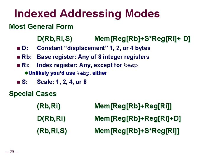 Indexed Addressing Modes Most General Form D(Rb, Ri, S) Mem[Reg[Rb]+S*Reg[Ri]+ D] D: Constant “displacement”
