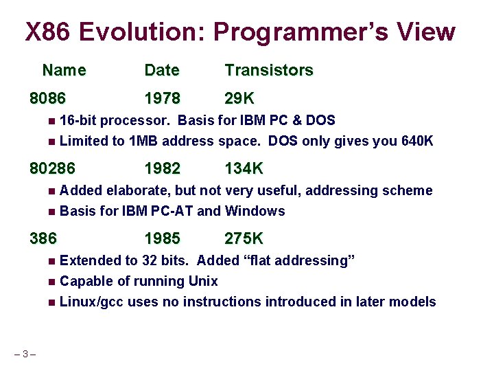 X 86 Evolution: Programmer’s View Name 8086 Date Transistors 1978 29 K 16 -bit