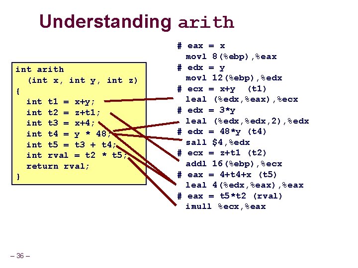 Understanding arith int arith (int x, int y, int z) { int t 1