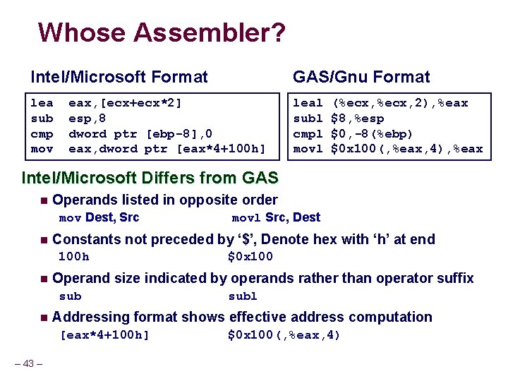 Whose Assembler? Intel/Microsoft Format GAS/Gnu Format lea sub cmp mov leal subl cmpl movl