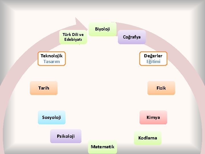 Türk Dili ve Edebiyatı Biyoloji Coğrafya Teknolojik Tasarım Değerler Eğitimi Tarih Fizik Sosyoloji Kimya