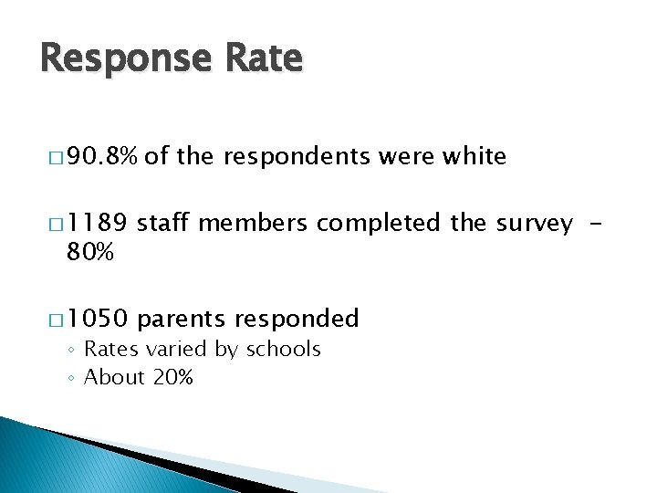 Response Rate � 90. 8% of the respondents were white � 1189 staff members