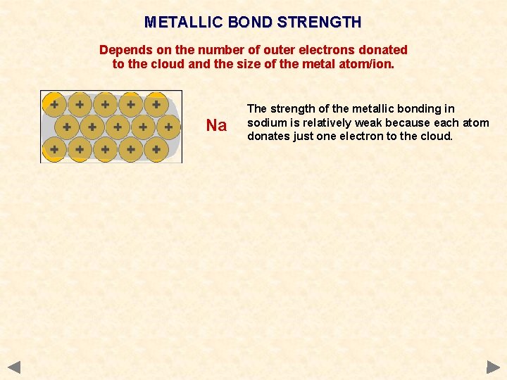 METALLIC BOND STRENGTH Depends on the number of outer electrons donated to the cloud METALLIC BOND STRENGTH Depends on the number of outer electrons donated to the cloud