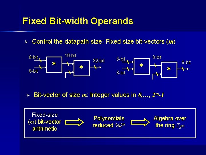 Fixed Bit-width Operands Control the datapath size: Fixed size bit-vectors (m) Ø 16 -bit