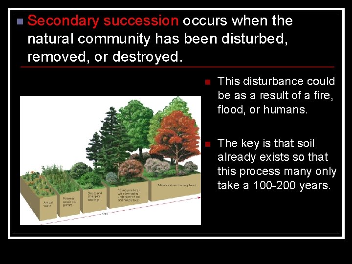 n Secondary succession occurs when the natural community has been disturbed, removed, or destroyed.