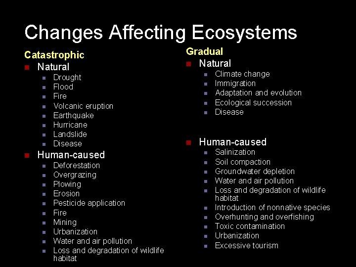 Changes Affecting Ecosystems Catastrophic n Natural n n n n n Drought Flood Fire