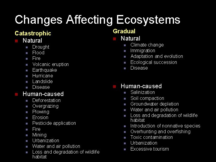 Changes Affecting Ecosystems Catastrophic n Natural n n n n n Drought Flood Fire Changes Affecting Ecosystems Catastrophic n Natural n n n n n Drought Flood Fire