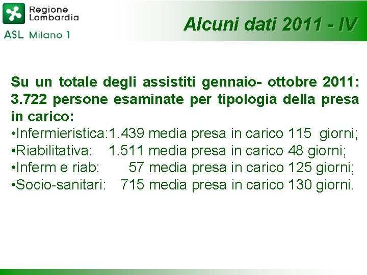 Alcuni dati 2011 - IV Su un totale degli assistiti gennaio- ottobre 2011: 3.