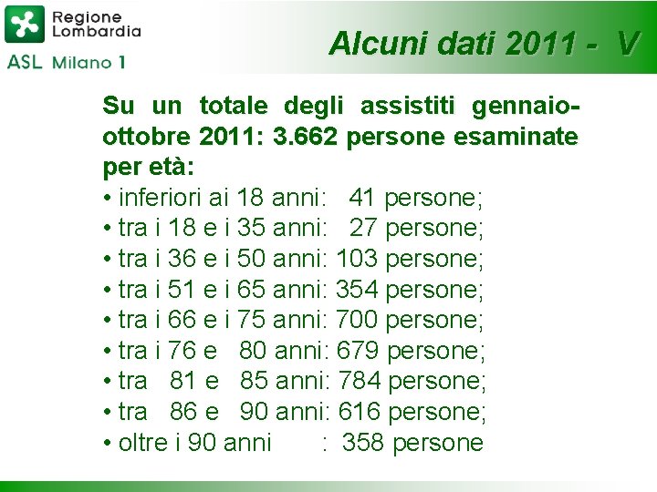 Alcuni dati 2011 - V Su un totale degli assistiti gennaioottobre 2011: 3. 662