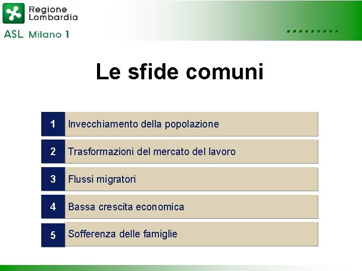 ……… Le sfide comuni 1 Invecchiamento della popolazione 2 Trasformazioni del mercato del lavoro