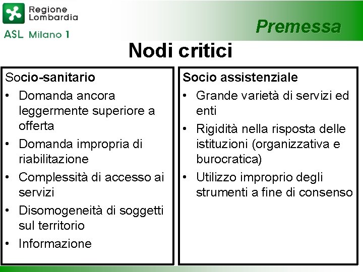 Premessa Nodi critici Socio-sanitario • Domanda ancora leggermente superiore a offerta • Domanda impropria