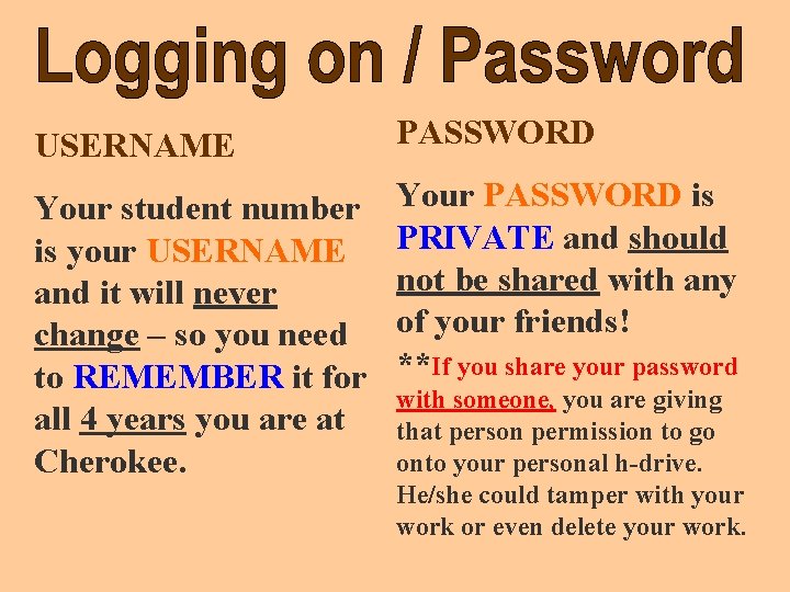 USERNAME PASSWORD Your student number is your USERNAME and it will never change –