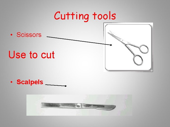 Cutting tools • Scissors Use to cut • Scalpels 