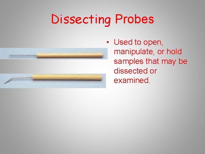 Dissecting Probes • Used to open, manipulate, or hold samples that may be dissected
